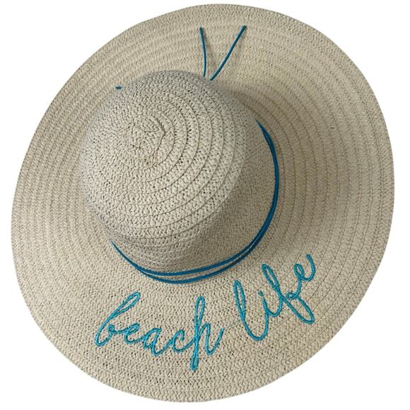 Women’s Beach Life Blue Embroidery Tassles Floppy Straw Sun Hat Outdoor Summer - Picture 1 of 6